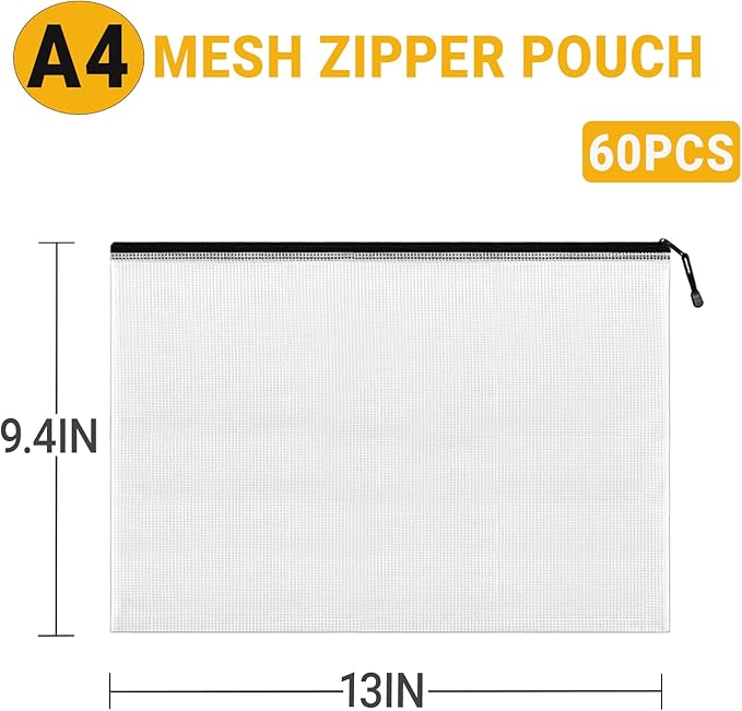 Mesh Zipper Pouch Bags, A4 Letter Size, 60 Pack Waterproof Document Mesh Bags, Zipper Bags for Organizing Office School Supplies, Toys, Cosmetics Travel Storage(Black 13.5×9.5 Inch)