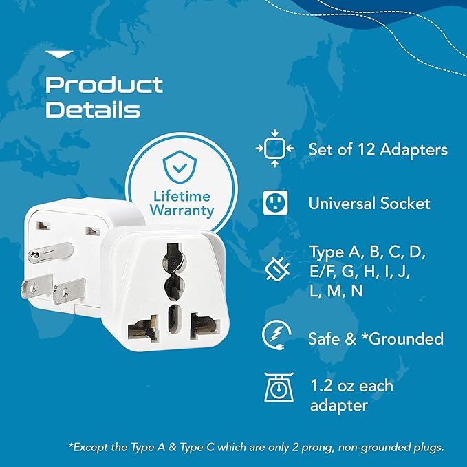 Ceptics Travel Adapter with Types A-M Plugs, Travel Plug Adapter Set Compatible with Power Sockets in All Continents, Compact World International Plug Adaptor Kit, Set of 12,GP-12PK