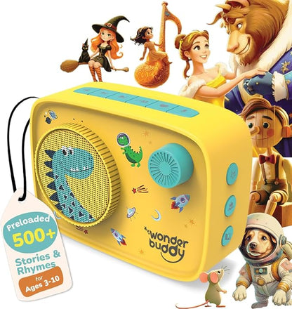 WonderBuddy Kids Story Box Audio Player, 500+ Preloaded Stories & Rhymes, Story Writing DIY Art Kit, Voice Recorder, Content Upgrade, Bluetooth, Birthday Gift for Boys Girls 3+ Years- Dino