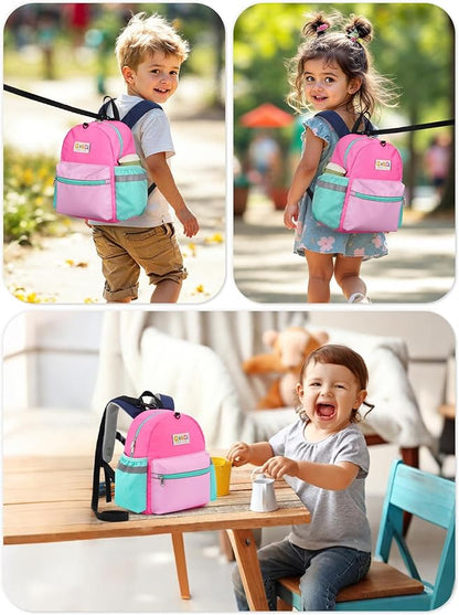 Toddler Backpack with Leash for Boys Girls Kids Kindergarten Nursery, 11” Baby Leash Backpack with Reflective, Toddler Bookbag with Anti-Lost Harness for Walking, Light Pink