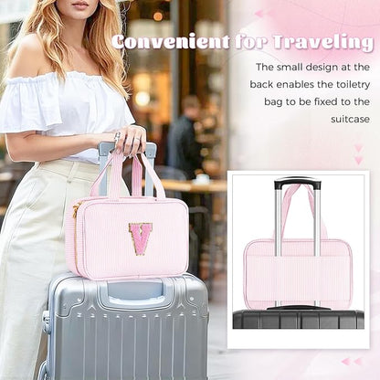 Cute Gifts Travel Toiletry Makeup Bag - Travel Cosmetic Bag for Women Yoga, Picnic, Personalized Friend Birthday Gifts with Monogram - Pink V