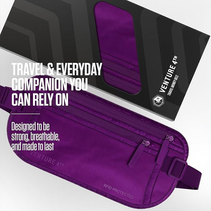 VENTURE 4TH Money Belt for Travel – Hidden Under-Clothes RFID Blocking Passport Holder & Slim Travel Wallet Pouch for Men & Women to Protect Cash, Cards & Documents (Sleek Purple)