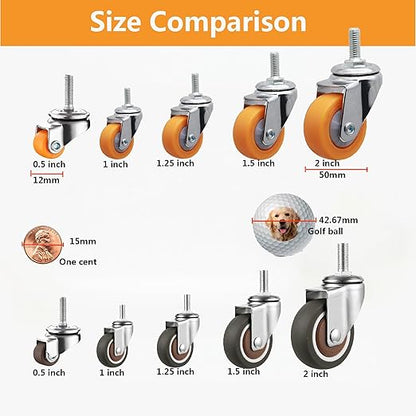 1.5" M6x15 Stem Casters Bolt Threaded Wheels,TPR Mute Rubber Swivel Single Caster Screws in Wheel Small with 2 Brake Locks-Brown