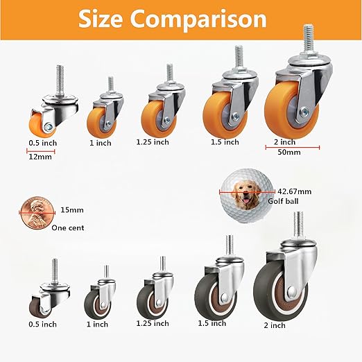 1.5" M6x15 Stem Casters Bolt Threaded Wheels,TPR Mute Rubber Swivel Single Caster Screws in Wheel Small with 2 Brake Locks-Orange
