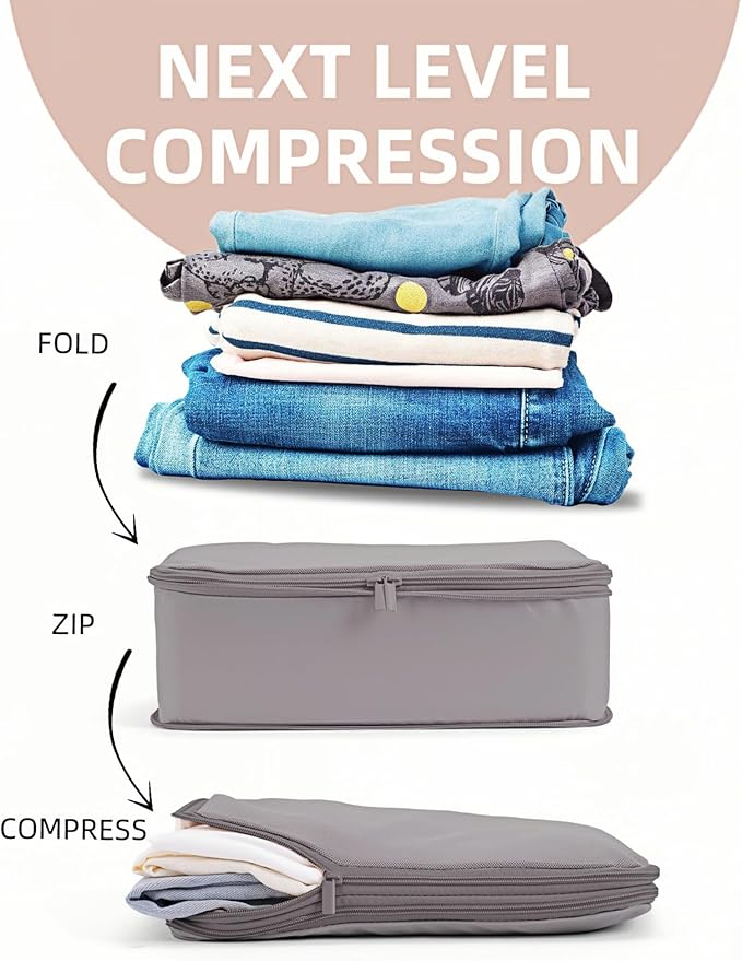 Compression Packing Cubes for Travel, 6-Piece Set (L/M/S), Double-Zip Luggage Organizers with Mesh Panels, Space-Saving Clothes Storage Bags for Suitcase & Carry-On (6 Pack, Misty Silver)