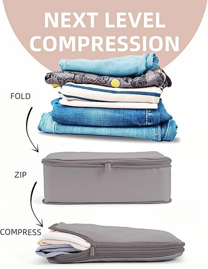 Compression Packing Cubes for Travel, 6-Piece Set (L/M/S), Double-Zip Luggage Organizers with Mesh Panels, Space-Saving Clothes Storage Bags for Suitcase & Carry-On (6 Pack, Misty Silver)