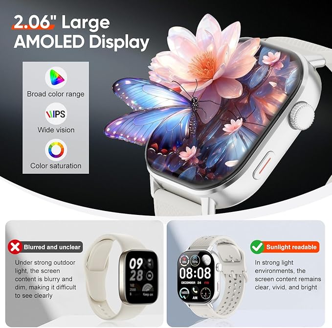 Fitness Tracker Smartwatch for Women & Men, Built-in GPS, 2.06" AMOLED for Calls, Heart Rate Blood Oxygen Sleep Monitor, 170+ Sport Modes, Waterproof with 2 Bands (Silver)