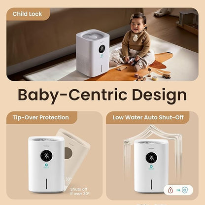 Pro Baby Evaporative Humidifier for Bedroom, MistFree & No White Dust, BPA-Free and 16dB Quiet Sleep for kids, 3 Age-Modes, Auto Control, Tap Water Safe, 4L Easy Clean Tank for Nursery