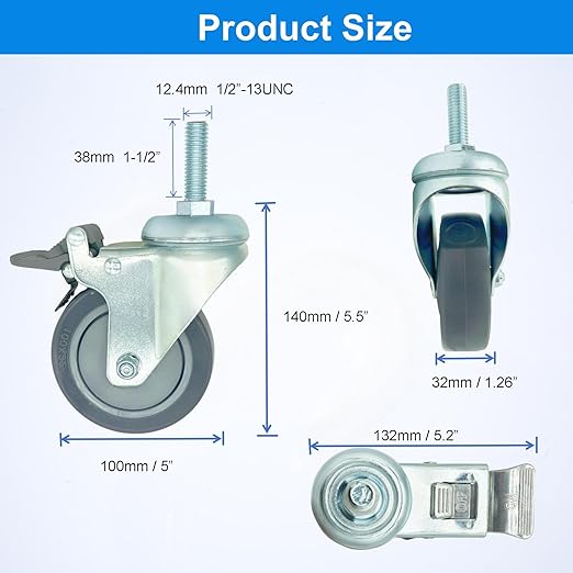 4 inch Swivel Caster Wheels Heavy Duty with Nylon Brake, 1/2" x13-1-1/2 Threaded Stem Casters Set of 4, Polyurethane Grey PU Wheels for Hospital, Lab, Furnitures,Restaurant