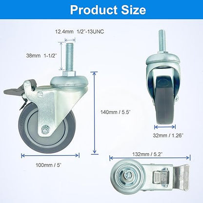 4 inch Swivel Caster Wheels Heavy Duty with Nylon Brake, 1/2" x13-1-1/2 Threaded Stem Casters Set of 4, Polyurethane Grey PU Wheels for Hospital, Lab, Furnitures,Restaurant