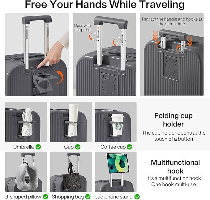 mixi Carry On Luggage with Cup Phone Holder Hard Shell Rolling Travel Suitcase with Spinner Wheels,20 Inch Rock Grey