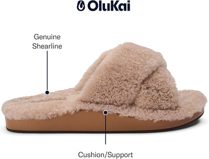 OLUKAI Hila Heu Women's Slipper, Women's Slip-On Shoes, Genuine Shearling, Wet Grip Soles for Inside & Outside Wear, Cute & Ultra-Soft Comfort Fit