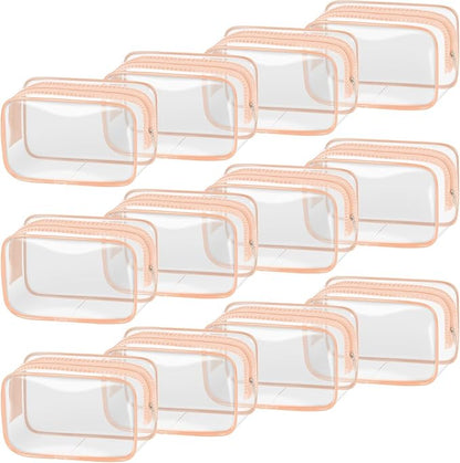 TISRATOK 12 PCS Clear Makeup Bag for Women with Zipper, TSA Approved Toiletry Pouch, Cosmetic Bag Bulk for Travel Organizer Essentials -Orange-pink, Small
