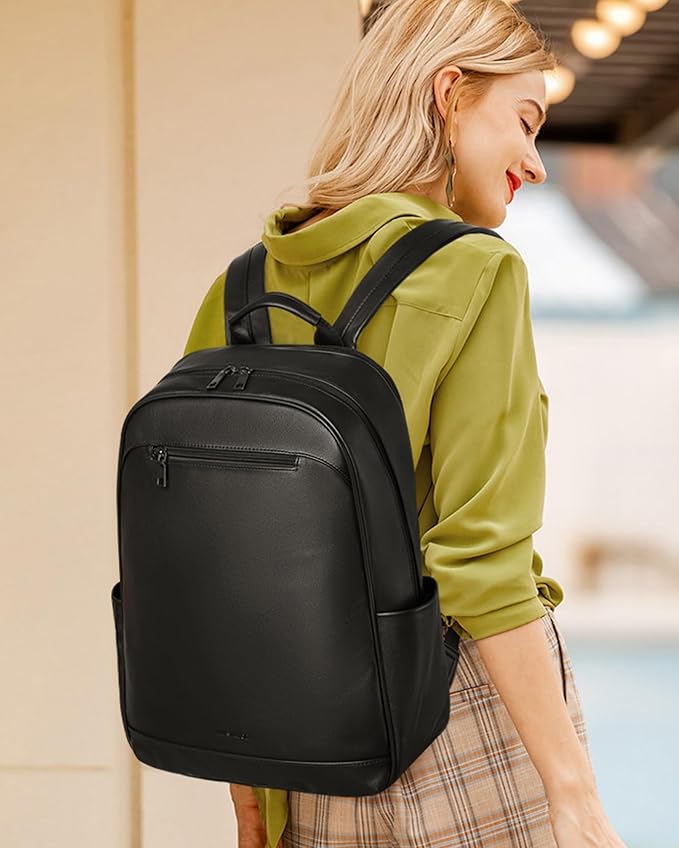 MASINTOR 15.6 inch Leather Laptop Backpack Purse for Women, Designer Travel and Work Bag with Laptop Compartment Black