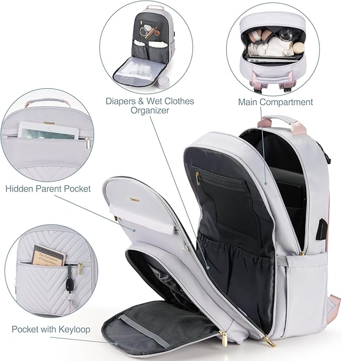 MOMUVO Diaper Bag Backpack, Quilted Baby Bag with Changing Pad and Stroller Straps and Pacifier Case, Multifunction Waterproof Travel Diaper Bags, Unisex