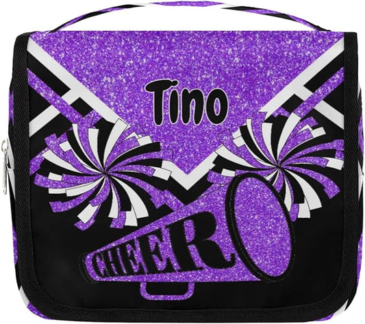 Personalized Hanging Toiletry Bag for Women, Cheerleading Large Capacity Travel Custom Name For Mothers Day, Birthday, Anniversary, Wedding, Purple Black Glitters