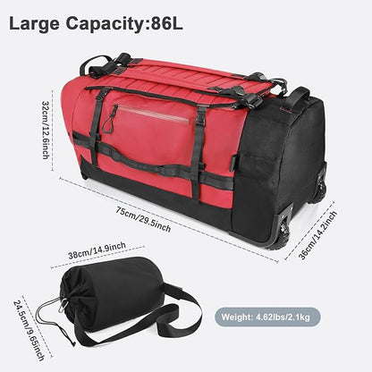CONTAIL 86L Wheeled Duffel Bag, Soft Shell with Adjustable Web Handles, Carry On Size 29.5x14.2x12.6in, Foldable with Dual Wheels & Shoe Compartment,Red