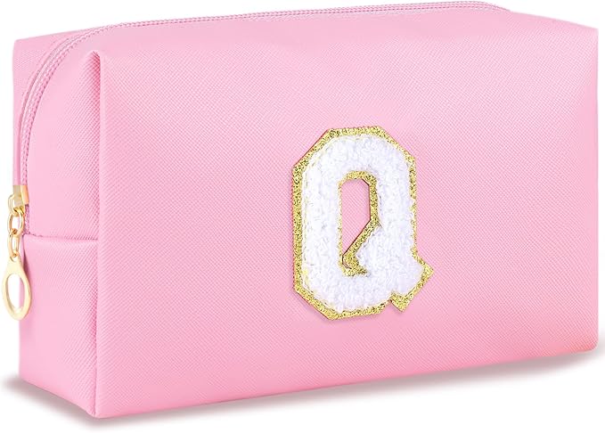 Initial Makeup Bag Personalized Preppy Travel Small Cosmetic Bag Cute PU Pink Chenille Letter Makeup Pouch for Purse Waterproof Zippered Toiletry Organizer for Women Girls Kids Friends (Q)