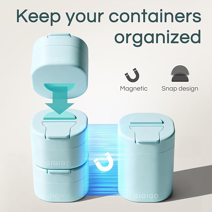 GIGIGO Magnetic Travel Containers Pale Cyan Set, 8-Pack Leakproof Refillable Cosmetic Capsules (0.68/1.69/3.04 fl oz) for Toiletries, Travel Size Jars with Lids & Labels for Skincare, Creams, Lotion