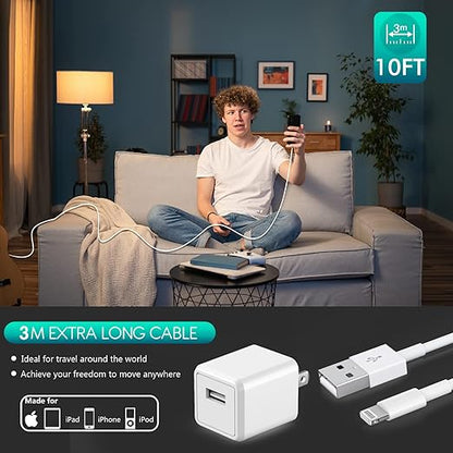 iPhone Charger,Extra Long 2 Pack 10FT Lightning Cable Cube i Phone 12 Charger Charging Transfer Cord Cable with USB Plug Wall Charge Block Travel Adapter for iPhone 14/13/12/11/SE2022/8/7/XS/XR/X/iPad