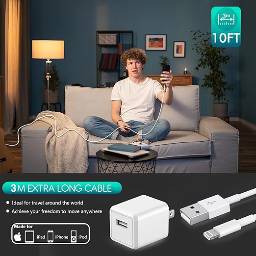 3Pack 10FT Long iPhone Charger,[Apple MFi Certified] Cube Phone Charging Transfer Cord 10Foot Lightning Cable USB Plug Wall Charger Block Travel Adapter for iPhone 14/13/12/11/SE 2022/8/7/XS/XR/X/iPad