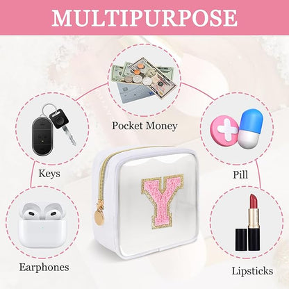Iqimott Mini Clear Personalized Initial Makeup Bag, Small Preppy A-Z Chenille Letter Patch Cosmetic Pouch, Transparent PVC & Nylon Waterproof Zip Beach Toiletry Bag,Gift for Women Girls(White-Pink Y)