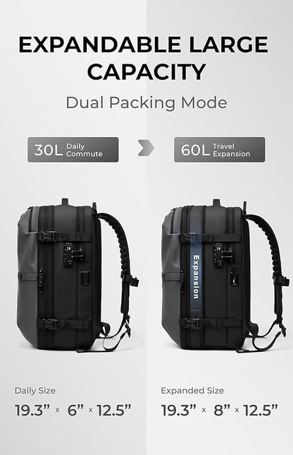 AirVault Vacuum Seal Travel Backpack 60L with Expandable Vortex Air Compression Vacuum System Water Resistant TSA Lock (Vacuum Pump Included, Gray, 60L)
