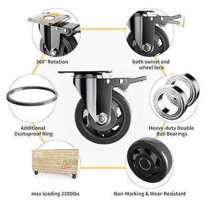 4 Inch Caster Wheels, Heavy Duty Casters Set of 4, Swivel Casters with Brake 2200 Lbs, Locking Industrial Top Plate Casters Wheels for Furniture and Workbench Cart(Two Hardware Kits Include)