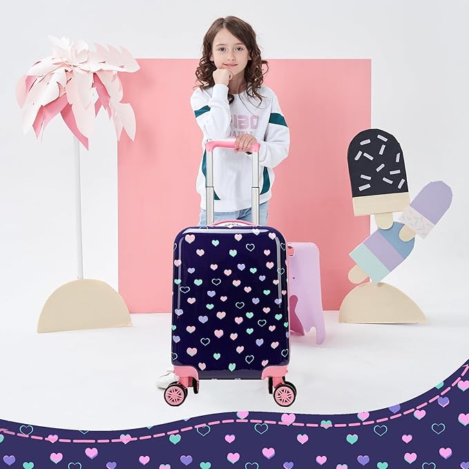 Kid's Luggage Set 2 Piece Suitcase Set Hardside Luggage with Spinner Wheels Girls Carry on Toddler Travel Rolling Suitcase with Neck Pillow Airline Approved