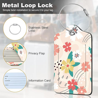 2Pack Luggage Tags for Suitcases, Cute Unique Pu Leather Cruise Luggage Tag with Privacy Cover ID Label Address Card and Metal Ring Suitable for Women Men Kids Travel Bag Pink Green Crushed Flower