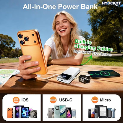 Portable Charger Power Bank with Built-in Cables and Wall Plug, 10000mAh Slim USB-C Battery Pack, 15W Fast Charging Travel Essential Portable Phone Charger Compatible with iPhone, Samsung (White)