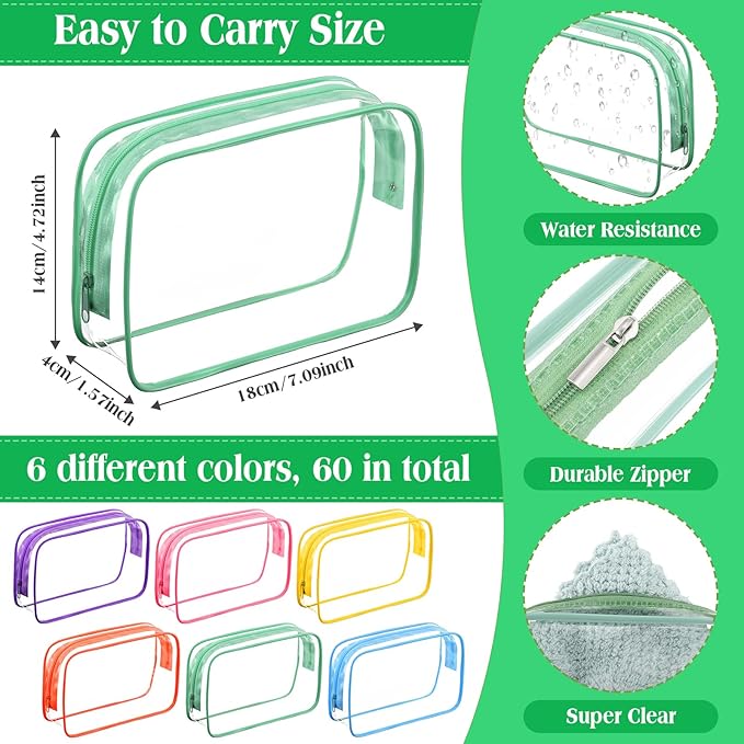 Cunno 60 Pcs Clear Toiletry Bag TSA Approved Cosmetic Bag Bulk Makeup Bag Travel Carry Airport Airline Compliant Bag for Women Men Summer Vacation Salon Mother Gift(Bright Color)