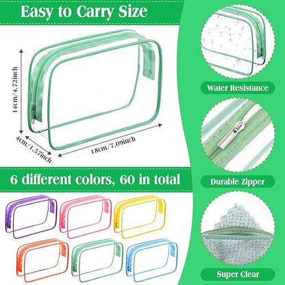 Cunno 60 Pcs Clear Toiletry Bag TSA Approved Cosmetic Bag Bulk Makeup Bag Travel Carry Airport Airline Compliant Bag for Women Men Summer Vacation Salon Mother Gift(Bright Color)