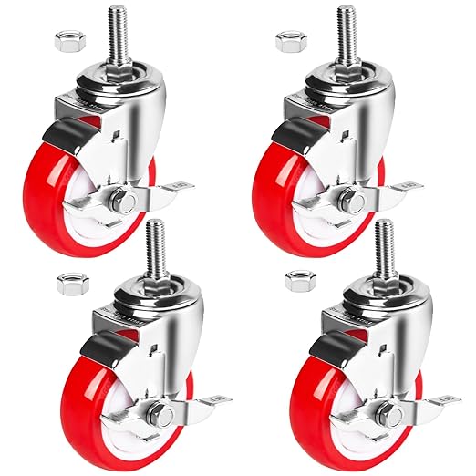 4 inch Stainless Steel Caster Wheels Heavy Duty, 3/8"-16x1 Threaded Stem Casters with Side Brake, Rust Resistant, Red Polyurethane PU Wheels for Hospital, Lab, Furniture, Restaurant