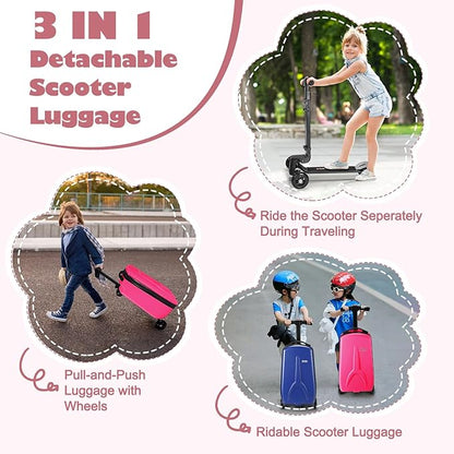 iubest Scooter Luggage Carry On Scooter Suitcase for Kids Age 4-15, Detachable & Foldable 4 in 1 Kids Suitcase, Multifunctional Ride On Travel Trolley Scooter Combo-Rose Pink
