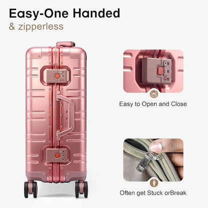 All Aluminum Carry On Luggage 22x14x9 Airline Approved，Zipperless Luggage Premium Aluminum Suitcase Luggage, Hard Shell Carry On Luggage with Spinner Wheels (rose gold, 20inch)