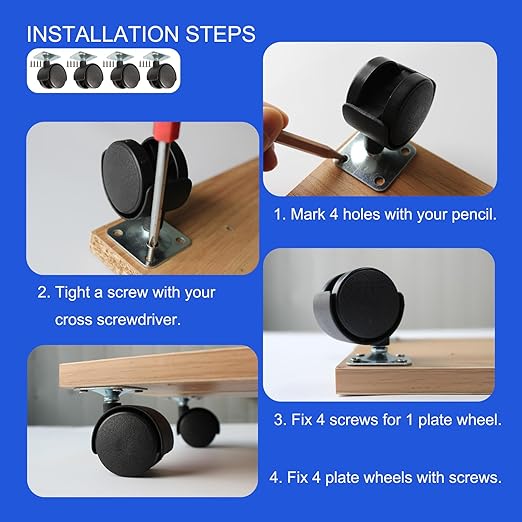 1.5 Inch Caster Wheels Replacement Universal Small Swivel Rollers for Furniture Filing Cabinet Desk Table Drawer Cart Box Shelf, 4 Pack 360 Degree Rolling Top Mounted Screw in Plate Castors