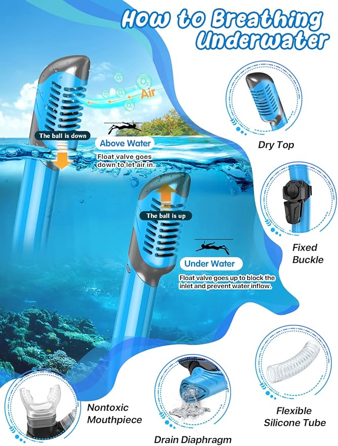Zenoplige Mask Fins Snorkel Set, Snorkeling Gear for Adults, Panoramic View Snorkel Mask Anti-Fog, Adjustable Dive Flippers, Dry Top Snorkel and Travel Bag, Scuba Gear for Swimming Snorkeling Diving