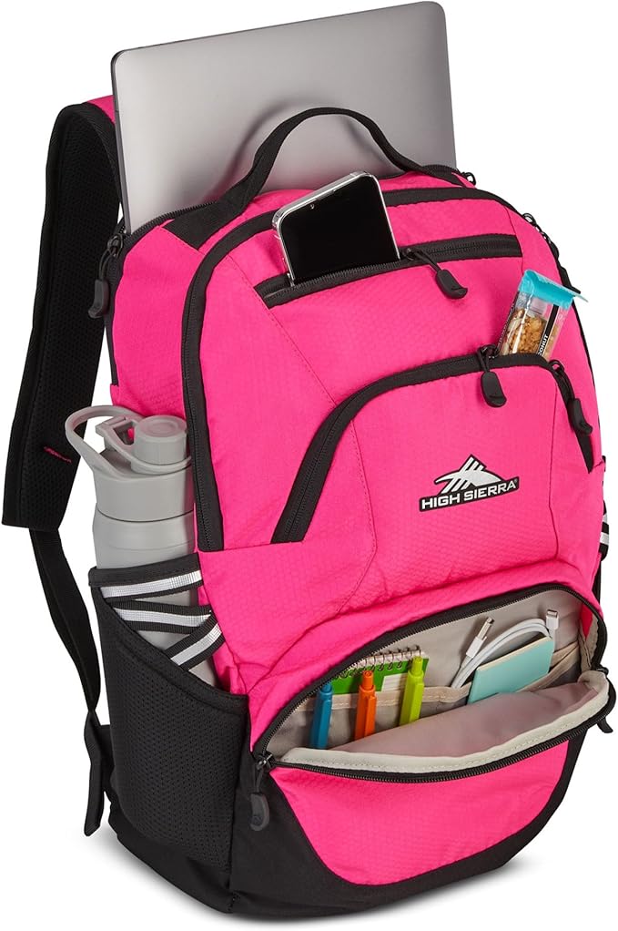 High Sierra Swoop Backpack, Lightweight Bookbag, Large Main Compartment + External Accessory Pockets, Separate Laptop Pocket, Dual Water Bottle Pockets, Fits most 17” Laptops, 30L Capacity, Flamingo