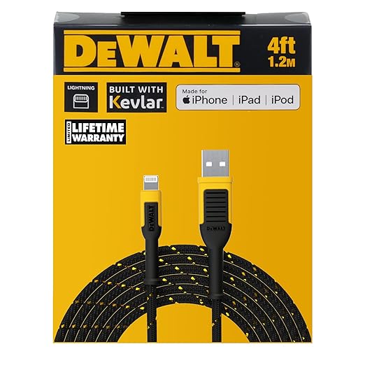 DEWALT Heavy Duty USB to Lightning Cable [Apple MFiCertified] Durable iPhone Charger, Lightning Cables, Fast Charging iPhone Charger Cord Compatible w/iPhones 14/13/12/11 Pro Max iPad AirPods, 4FT