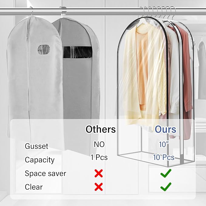 10" Gusseted All Clear Garment Bags - 4 Pack 60" Hanging Clothes Storage Bags for Suits, Coats, Dresses, Shirts - Side Zipper, Breathable Fabric, Dustproof, Waterproof PEVA Material (60 inch)