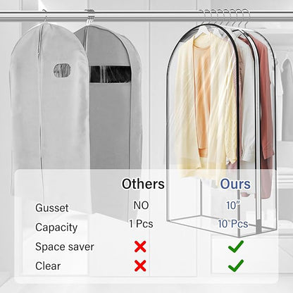 10" Gusseted All Clear Garment Bags - 4 Pack 60" Hanging Clothes Storage Bags for Suits, Coats, Dresses, Shirts - Side Zipper, Breathable Fabric, Dustproof, Waterproof PEVA Material (60 inch)