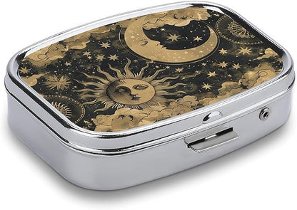 Metal 2 Compartment Pill Organizer Travel Friendly Portable Compact Pill Box Cute Pill Case,for Pocket Wallets Daily Portable Medicine Vitamin Tablet Storage (The Sun and The Moon)