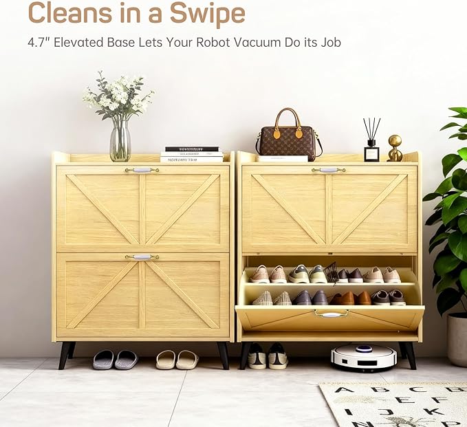 Shoe Storage Cabinet for Entryway with 2 Flip Drawers, Narrow Metal Shoe Cabinet with Anti-Tip, Holds 12-16 Pairs, Freestanding Shoes Cabinets Storage for Entryway, Foyer, Hallway