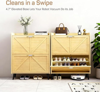 Shoe Storage Cabinet for Entryway with 2 Flip Drawers, Narrow Metal Shoe Cabinet with Anti-Tip, Holds 12-16 Pairs, Freestanding Shoes Cabinets Storage for Entryway, Foyer, Hallway