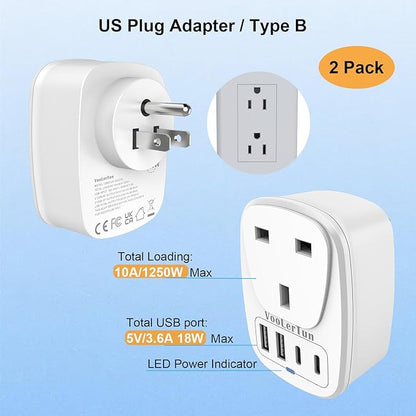 England to US Plug Adapter 2 Packs, UK Type G to US Travel Plug Adapter with 1 lreland AC Outlets, 4 USB Charger Ports (2 USB C), for Dubai, England, Scotland, Hong Kong, Singapore