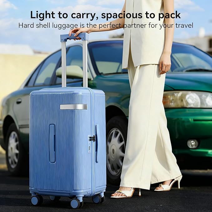 Travel Luggage Sets 3 Piece with Spinner Wheels, PC Hardside Suitcase Set for Family Trips with Cup and Phone Holder, Blue