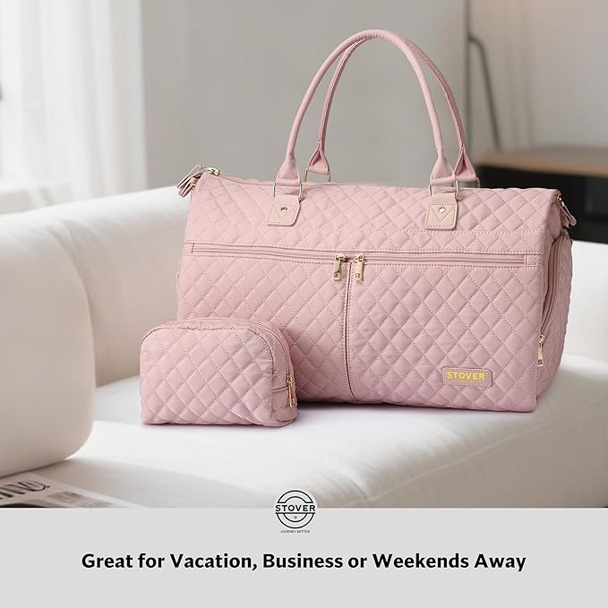 STOVER Women’s Convertible Garment Duffel Bag for Travel – 2-in-1 Carry-On Weekender/Overnight Tote - Wrinkle-Free Dresses, Hanging Suits & Clothes Plus Shoe Compartment & Bonus Toiletry Bag (Pink)