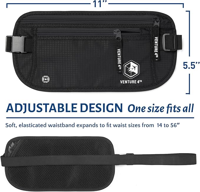 VENTURE 4TH Money Belt for Travel – Hidden Under-Clothes RFID Blocking Passport Holder & Slim Travel Wallet Pouch for Men & Women to Protect Cash, Cards & Documents (Pure Black)