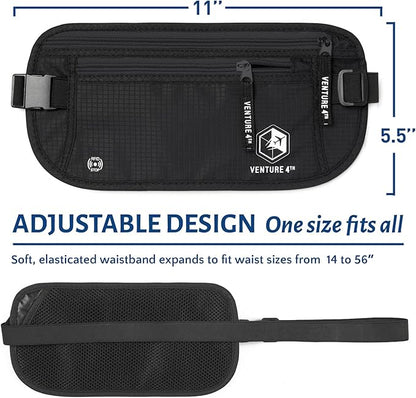 VENTURE 4TH Money Belt for Travel – Hidden Under-Clothes RFID Blocking Passport Holder & Slim Travel Wallet Pouch for Men & Women to Protect Cash, Cards & Documents (Pure Black)